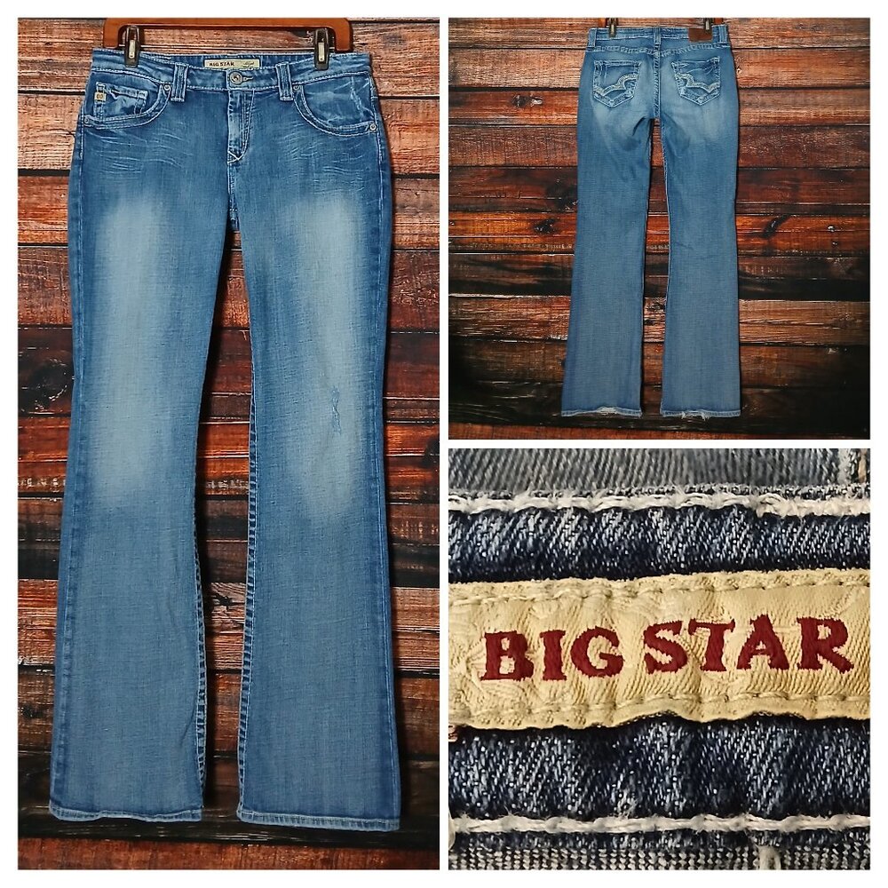 Big Star Jeans 31 Long Hazel Curvy Boot Cut Low Rise Blue Denim Distressed